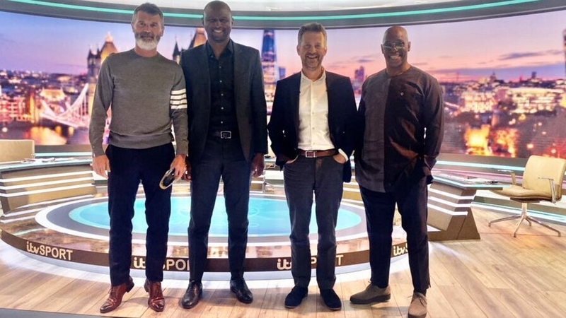 Keane (on tippy-toes), Viera (2l) and Wright (r) pose for a picture after the show (Pic: Mark Pougatch Twitter)