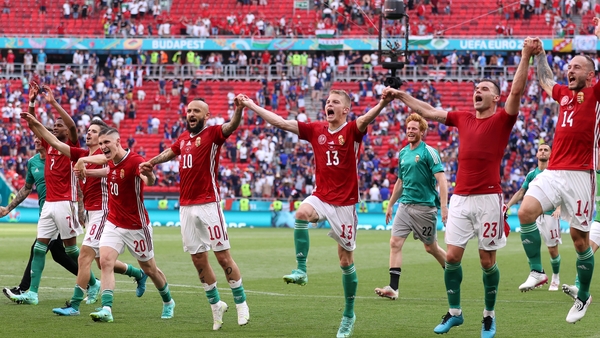 Hungary players celebrate after their 1-1 draw with France in Budapest