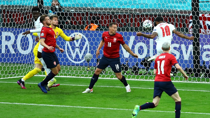 Raheem Sterling heads home the only goal of the game