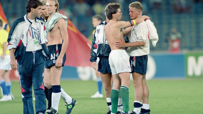 West Germany captain Lothar Matthaus consoles Paul Gascoigne after the World Cup semi-final in 1990