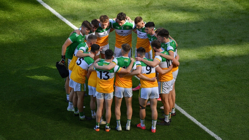 The Offaly starting 15 in a huddle before the Division 3 league final