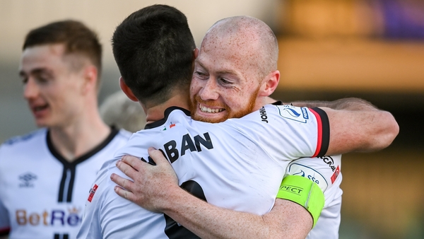 Patrick Hoban of Dundalk celebrates with Chris Shields after scoring Dundalk's second