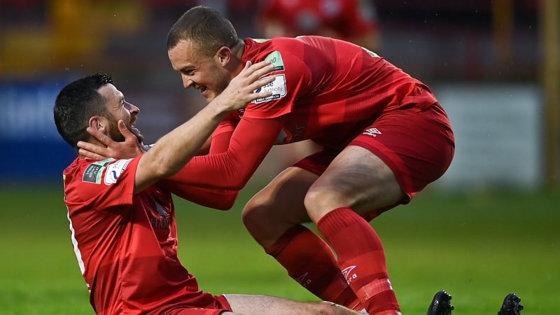 Ryan Brennan (L) celebrates his goal with Michael O'Connor