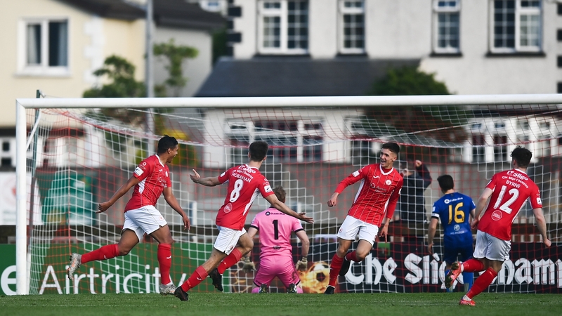 Ryan De Vries celebrates after scoring Sligo's third goal