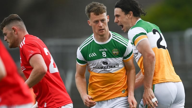 Niall McNamee (right) celebrates after scoring Offaly's second goal