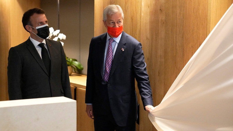 French President Emmanuel Macron and JP Morgan CEO Jamie Dimon inaugurate the new French headquarters of the US bank today
