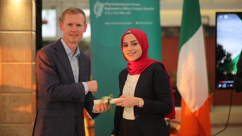Graduate Reem Dawoud with Don Sexton, the Representative of Ireland to Palestine.