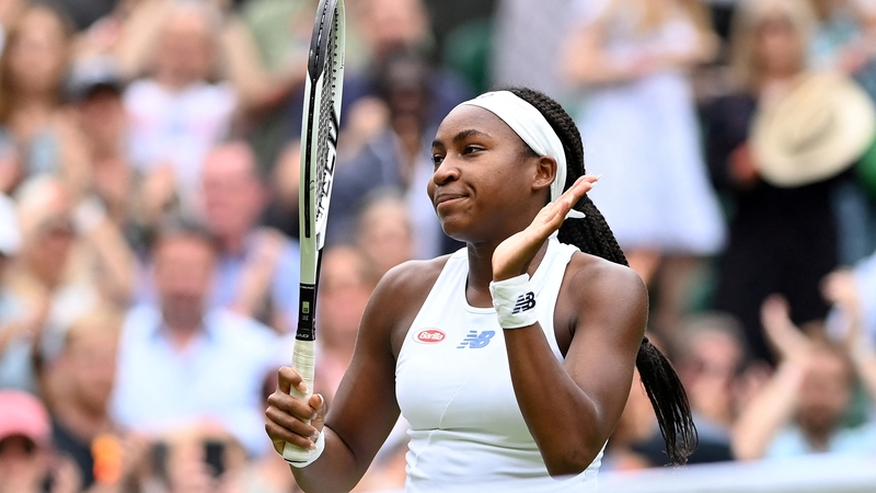 Coco Gauff celebrates winning against Russia's Elena Vesnina