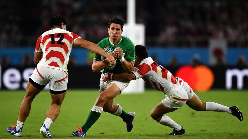 Joey Carbery being tackled during the 2019 World Cup pool game against Japan