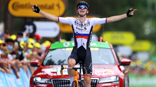Matej Mohoric of Slovenia celebrates his stage win