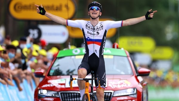 Matej Mohoric of Slovenia celebrates his stage win