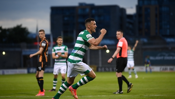 Aaron Greene celebrates scoring Shamrock Rovers third goal
