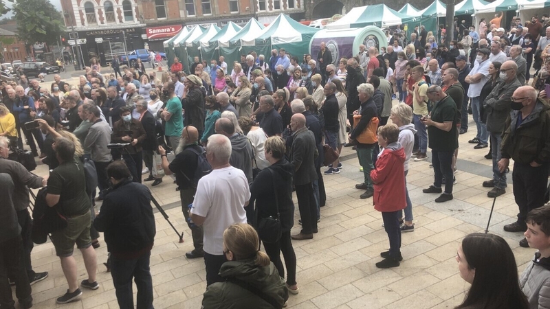 Families gather in Guildhall Square in Co Derry this afternoon