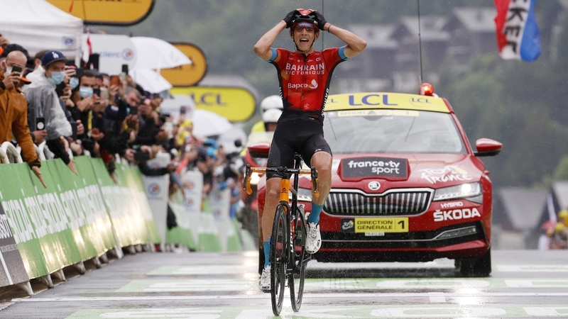 Dylan Teuns crosses the finish line in Le Grand-Bornand