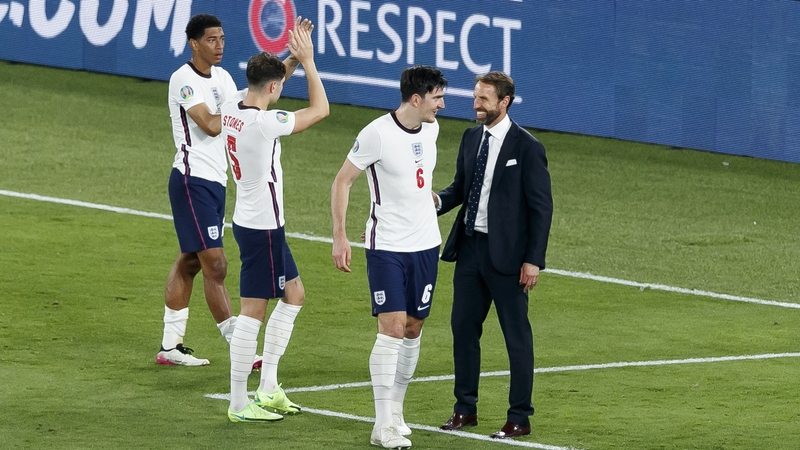 Gareth Southgate celebrates with his players at full-time in Rome