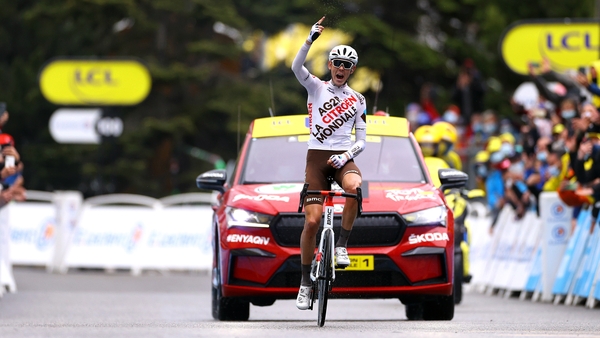 Ben O'Connor celebrates his stage win in the Alpine resort of Tignes