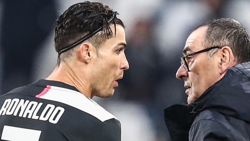 Cristiano Ronaldo (L) with former Juventus coach Maurizio Sarri in December 2019
