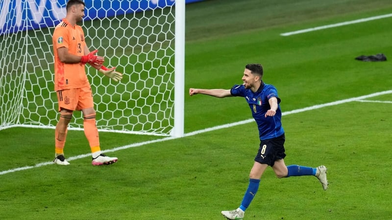 Jorginho wheels away to celebrate after scoring the winning penalty in the shootout