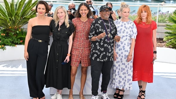 (L to R) Cannes jury members Maggie Gyllenhaal, Jessica Hausner, Mati Diop, Jury President Spike Lee, Melanie Laurent and Mylene Farmer