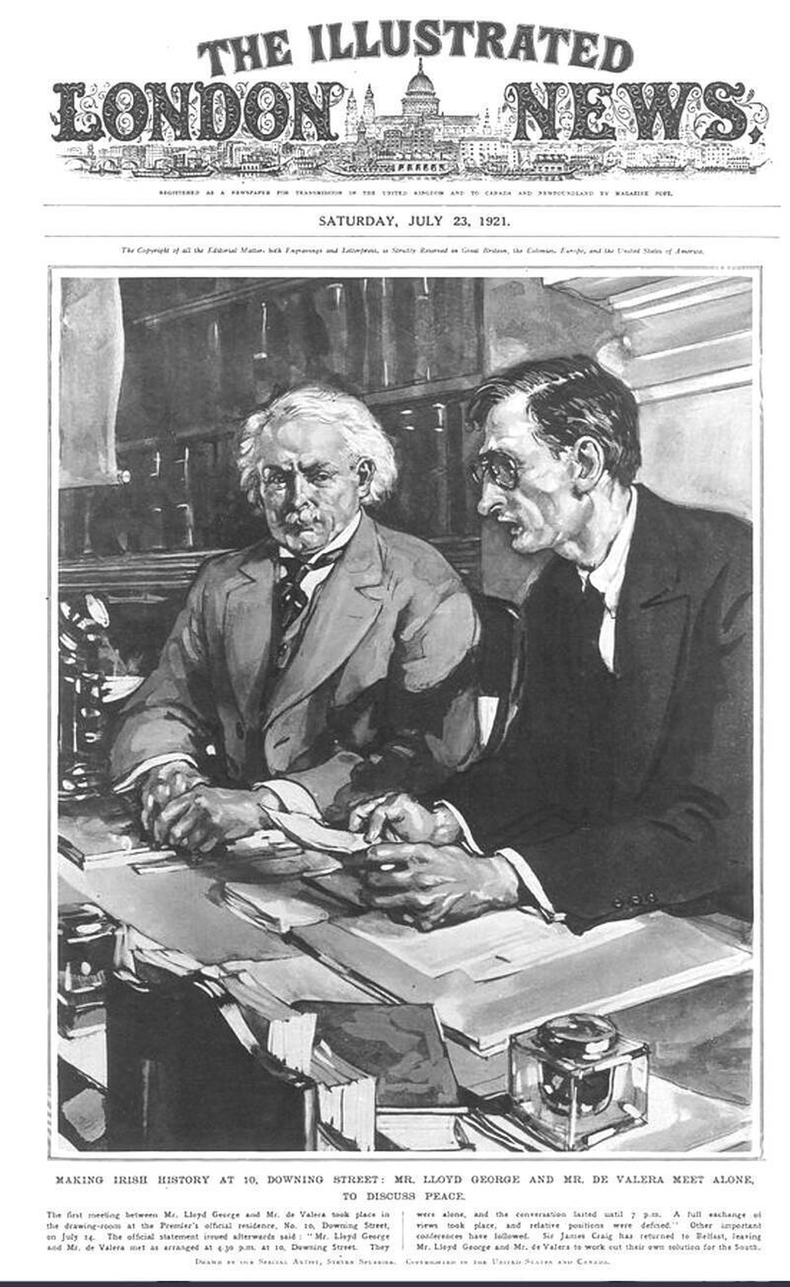 Face to Face at last. The Illustrated London News front page illustration of the first meeting in Downing Street, of Eamon de Valera and David Lloyd George. (Credit: Alamy images)