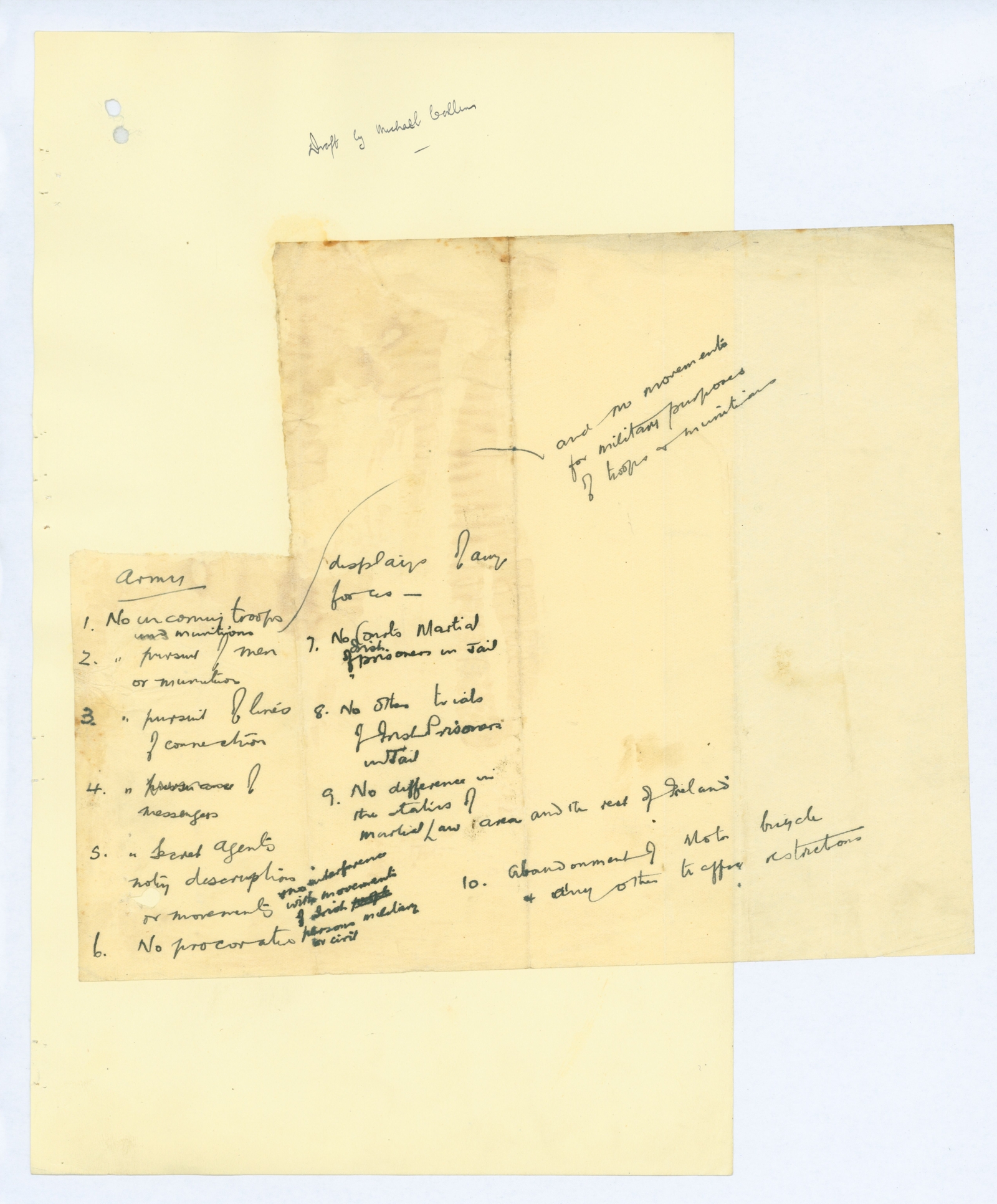 Michael Collins' own first draft of what would become the Truce document. It might have been written in haste, but the laser-like focus on the priorities for the IRA is already obvious.
Credit: By kind permission of the National Archives.