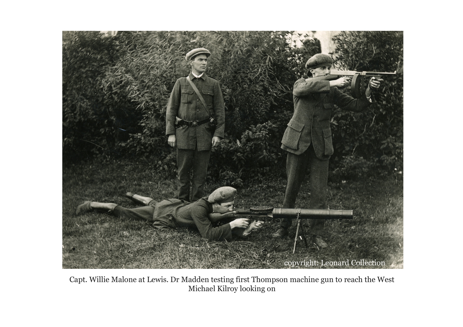 From the same camp, veterans showed off the new heavy weaponry, including here, a Lewis Gun, and the first Thompson Sub-Machine Gun brought west of the Shannon.
Credit: JJ Leonard Collection.