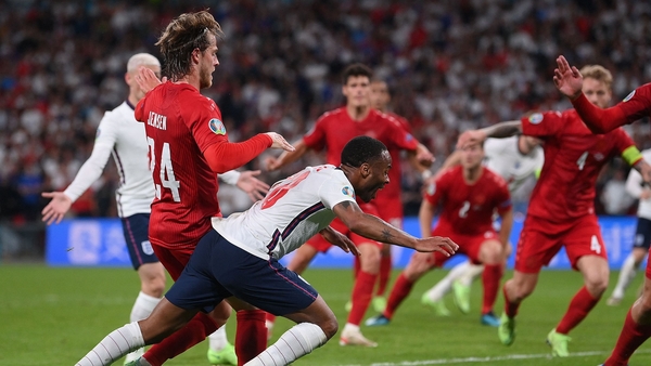 Raheem Sterling goes to ground at Wembley