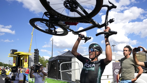 Nils Politt celebrates winning Stage 12