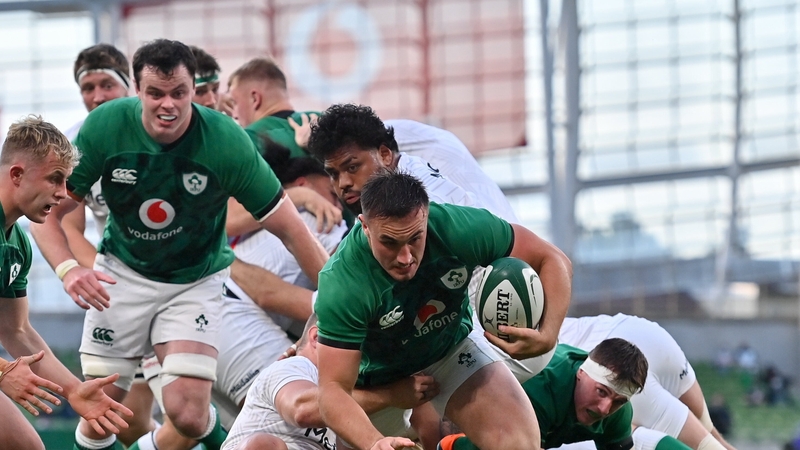 Rónan Kelleher dives over to score the fifth try as James Ryan looks on