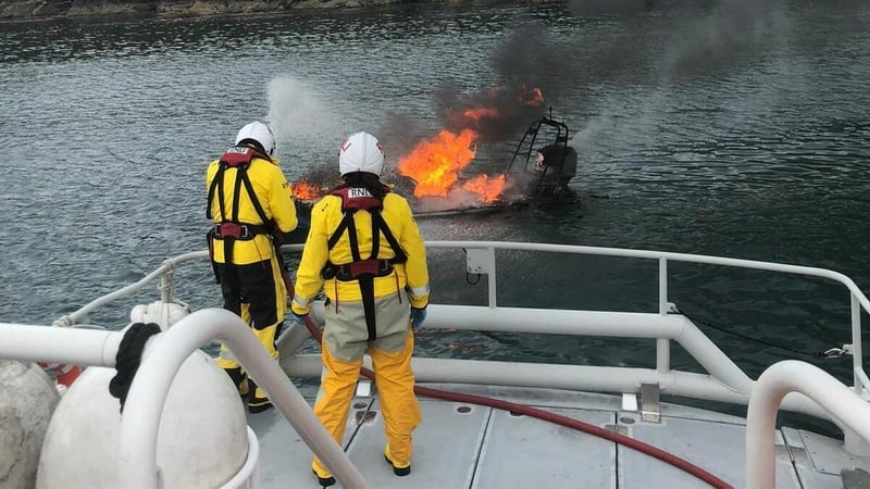 Baltimore RNLI fighting the boat fire off Sherkin Island (pic: RNLI/Sean McCarthy)