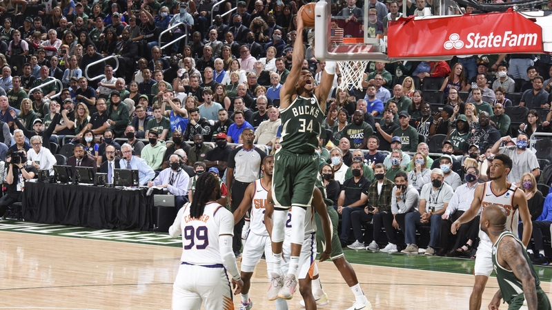 Giannis Antetokounmpo dunks the ball at the Fiserv Forum in Milwaukee