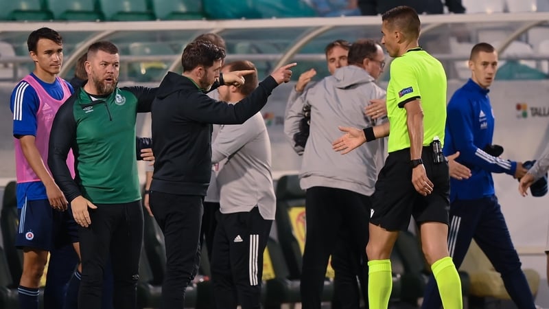 Stephen Bradley exchanges words with referee Mario Zebec at the full-time whistle