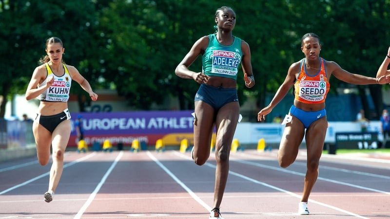 Rhasidat Adeleke (C) eased to victory in her 100m semi-final