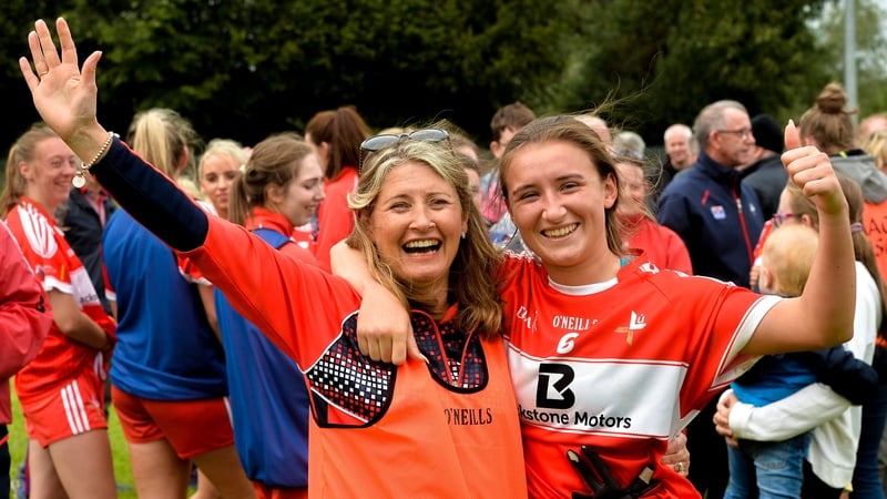 Ceire Nolan and her mother Martina Nolan celebrate after the TG4 All-Ireland Junior Championship semi-final win over Derry