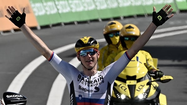 Matej Mohoric celebrates as he crosses the finish line