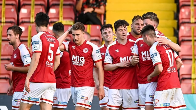 St Pat's players celebrating Forrester's opener