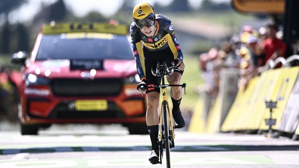 Wout van Aert crosses the line first in Saint-Emilion