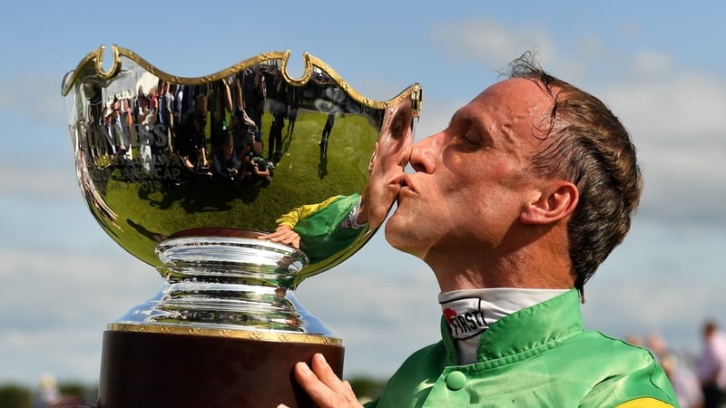 Robbie Power celebrating victory in the Guinness Galway Hurdle Handicap in 2019 on Tudor City