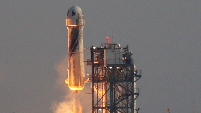 We have lift-off: Blue Origin's New Shepard lifts-off from the launch pad in Texas earlier today. Photo: Getty Images