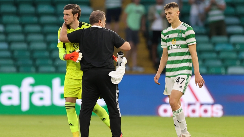 Celtic manager Ange Postecoglou with Vasilis Barkas and Dane Murray after the full-time whistle