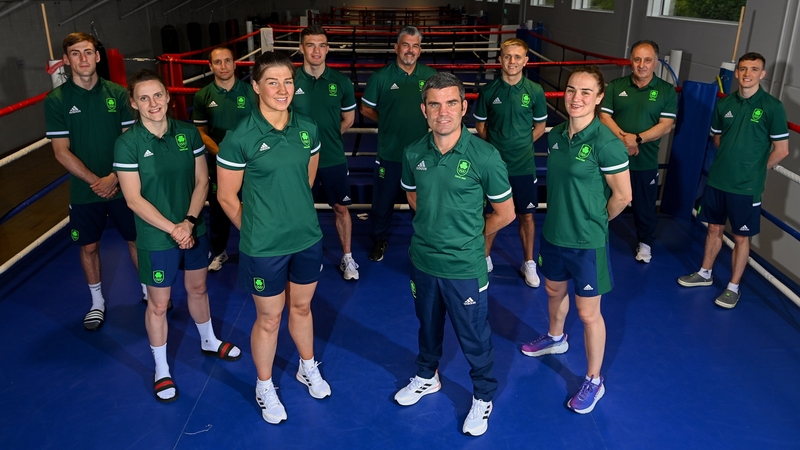 Bernard Dunne with the seven-strong team and coaching staff ahead of their departure to Tokyo