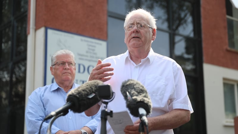 Stanley McCombe (left), who lost his wife Ann and Michael Gallagher who lost his son Aiden in the Omagh bombing speaking in Omagh today
