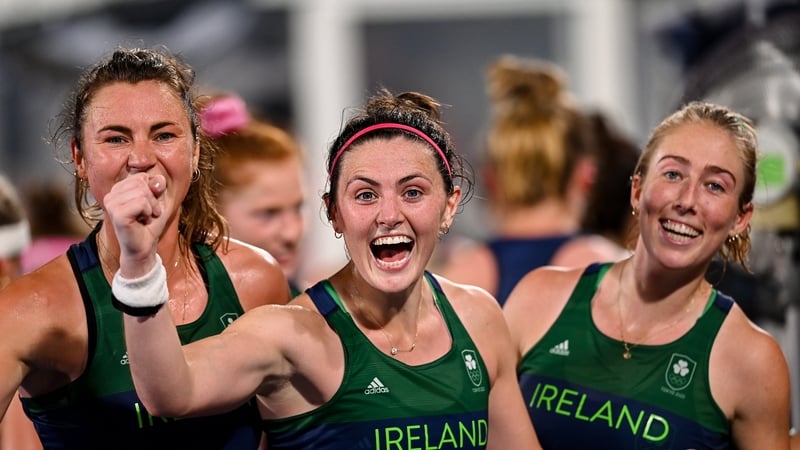 Ireland players, from left, Deirdre Duke, Róisín Upton, Sarah Hawkshaw celebrate