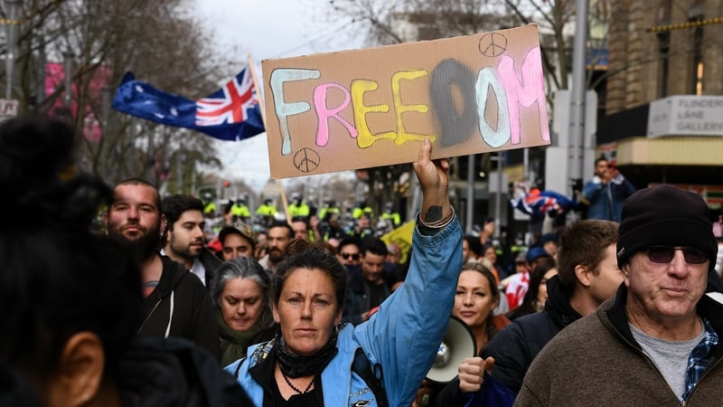 Protesters at the Freedom protest in Melbourne, Australia