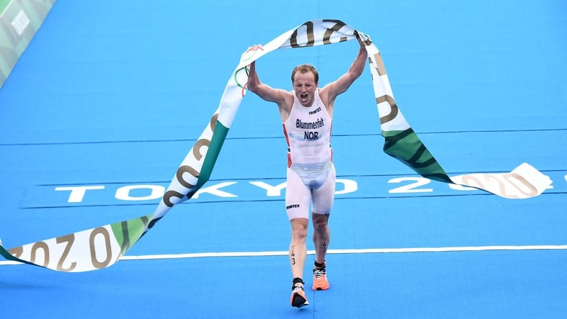 Kristian Blummenfelt celebrates his triumph