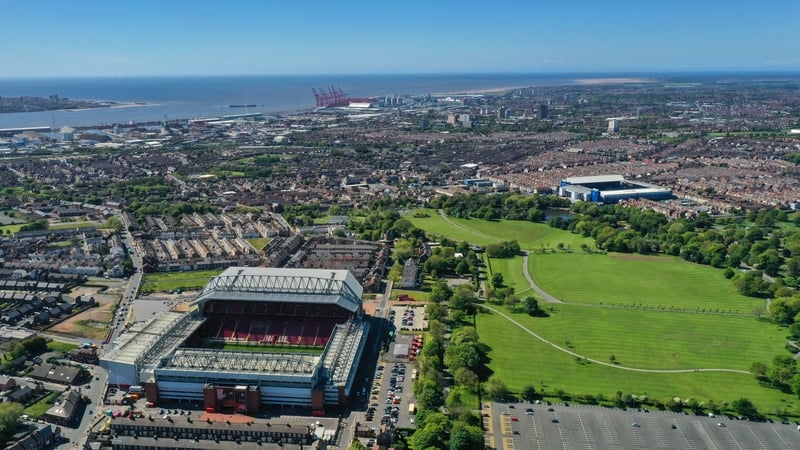 A general external aerial view shows the location of Bramley-Moore Dock (front, right) where Everton's new stadium is to be built, in close proximity to Anfield, front left.