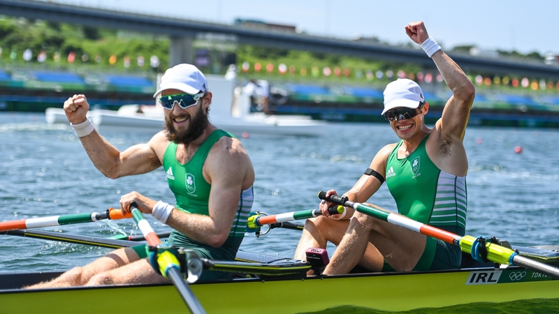 Paul O'Donovan and Fintan McCarthy celebrate their gold medal win in Tokyo