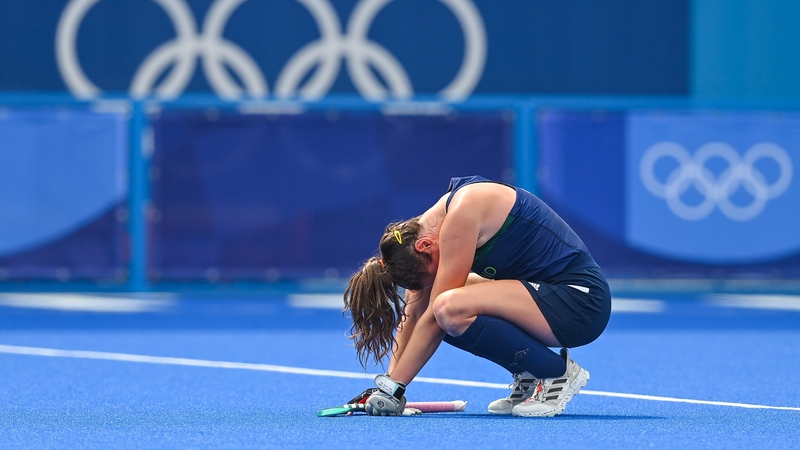 Ireland's Deirdre Duke reacts to defeat on the day she won her 150th cap