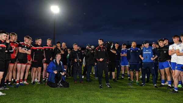 Down manager Conor Laverty addresses both sides after the game