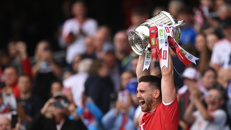 Tyrone captain Pádraig Hampsey lifts the Anglo Celt Cup